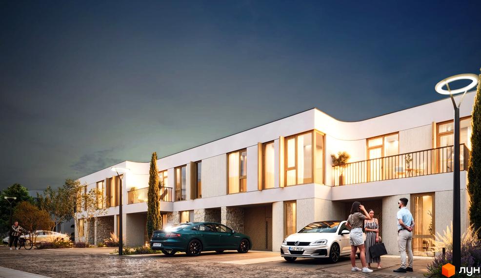 КМ ONE CLUB VILLAGE: сучасні таунхауси з великими вікнами та балконами. Прибудинкова територія з автомобілями та людьми.