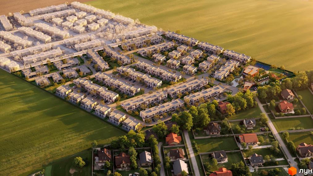 Котеджне містечко КМ ONE CLUB VILLAGE - вид зверху на сучасні будинки та зелену прибудинкову територію з полями.
