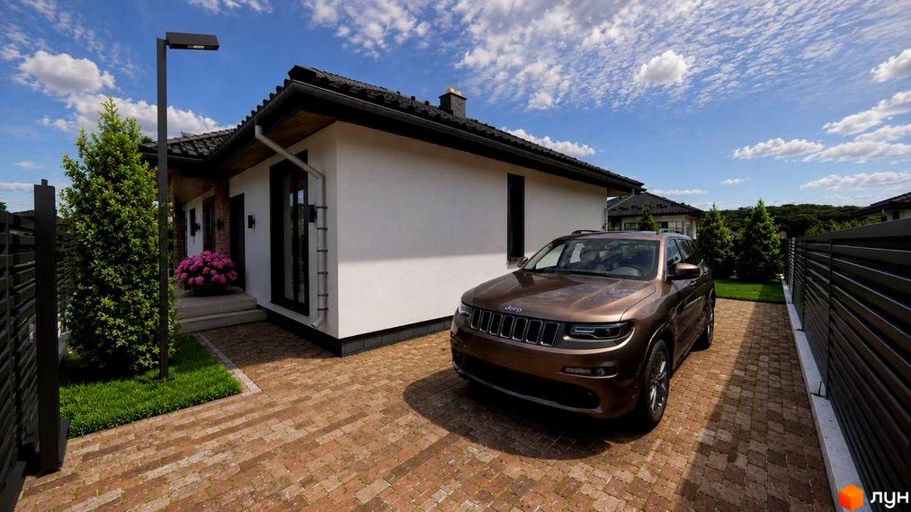 Котеджне містечко K M Ozera Residence: одноповерховий будинок з білою штукатуркою, коричневий джип на бруківці, зелена ялина та паркан.