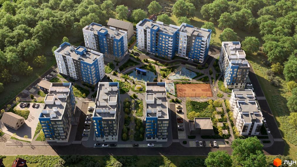 Житловий комплекс Vlasna від Time Development. Сучасна новобудова з блакитними та сірими фасадами, розташована серед зелених дерев, з дитячими майданчиками та спортивною зоною.