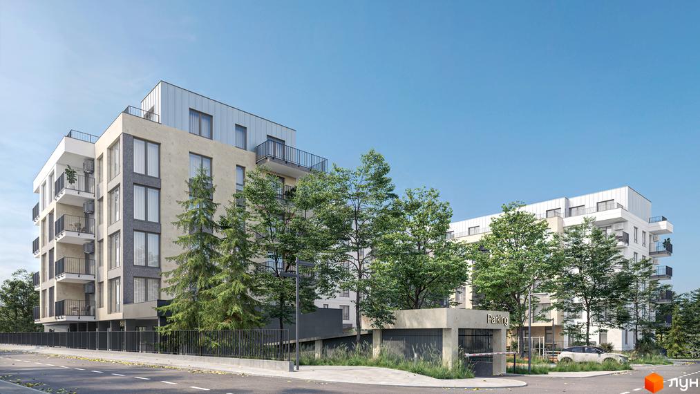 Житловий комплекс Eden Park - це сучасна новобудова з балконами та великими вікнами, оточена деревами. Територія комплексу включає паркінг та зелені насадження.