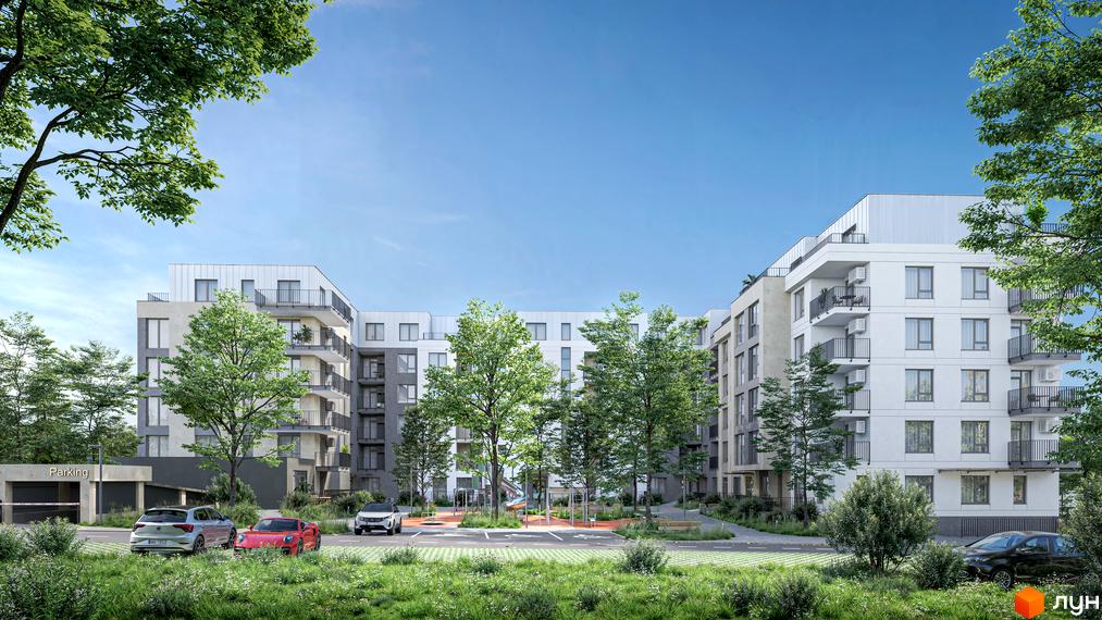 Житловий комплекс Eden Park: фасади будівель з балконами та кондиціонерами, внутрішній двір з дитячим майданчиком та деревами. Парковка біля будинку.