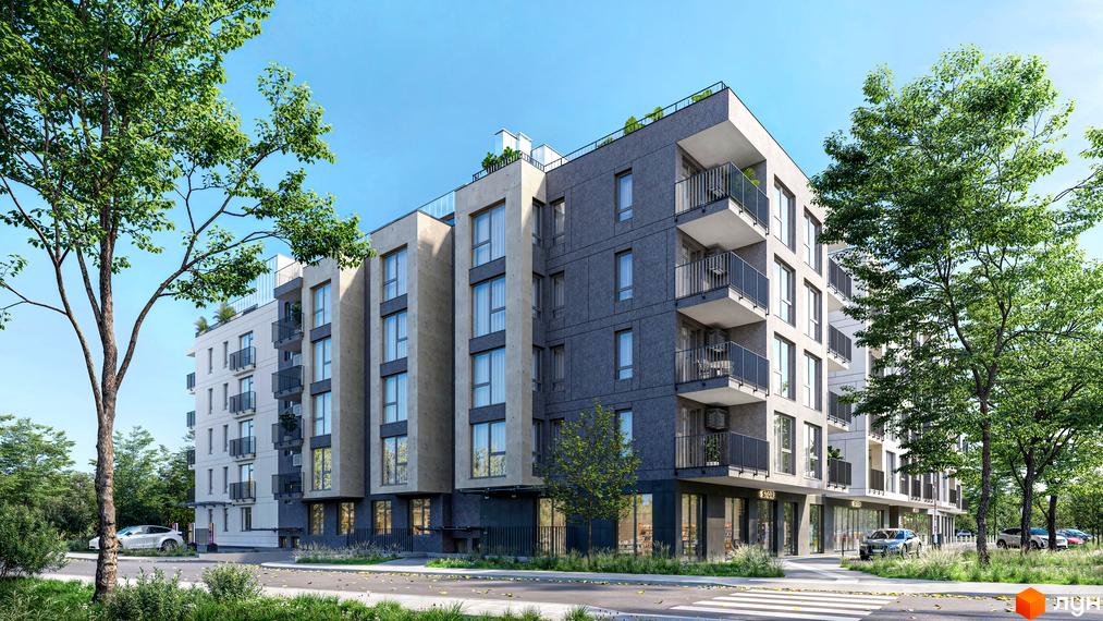 Житловий комплекс Eden Park - це багатоповерхова новобудова з балконами та великими вікнами, оточена деревами та зеленню.