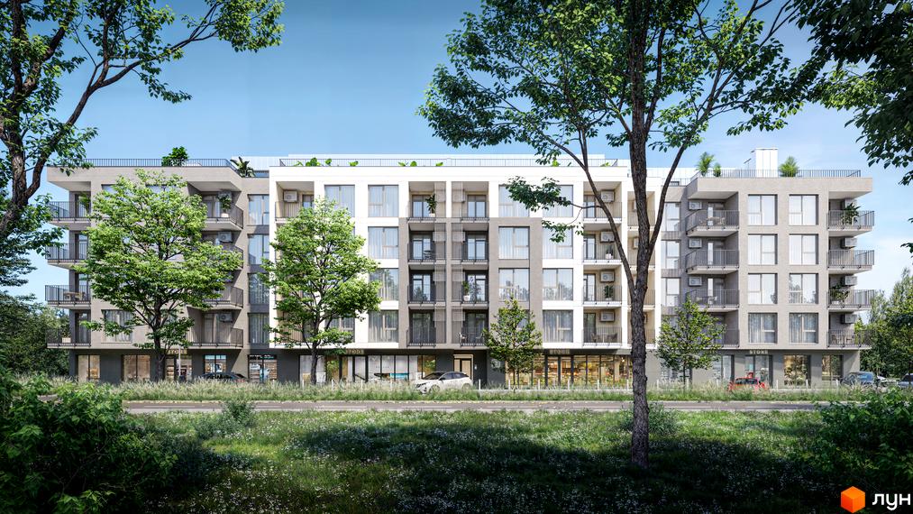 Новобудова ЖК Eden Park з балконами та вікнами, оточена деревами та зеленню. Зовнішній вигляд будівлі та прибудинкова територія.