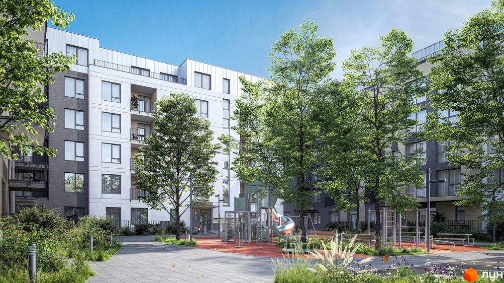 Житловий комплекс Eden Park: фасади будівель з балконами та вікнами, дитячий майданчик та зони відпочинку на прибудинковій території.