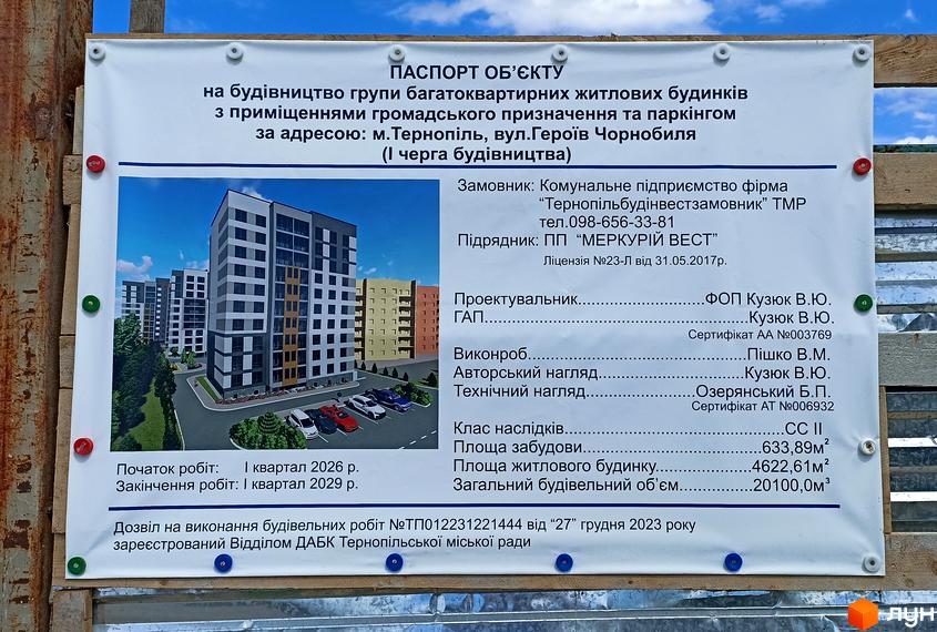 Зовнішній вигляд групи багатоповерхових житлових будинків з сучасними фасадами та прибудинковою територією з паркінгом та зеленими насадженнями.