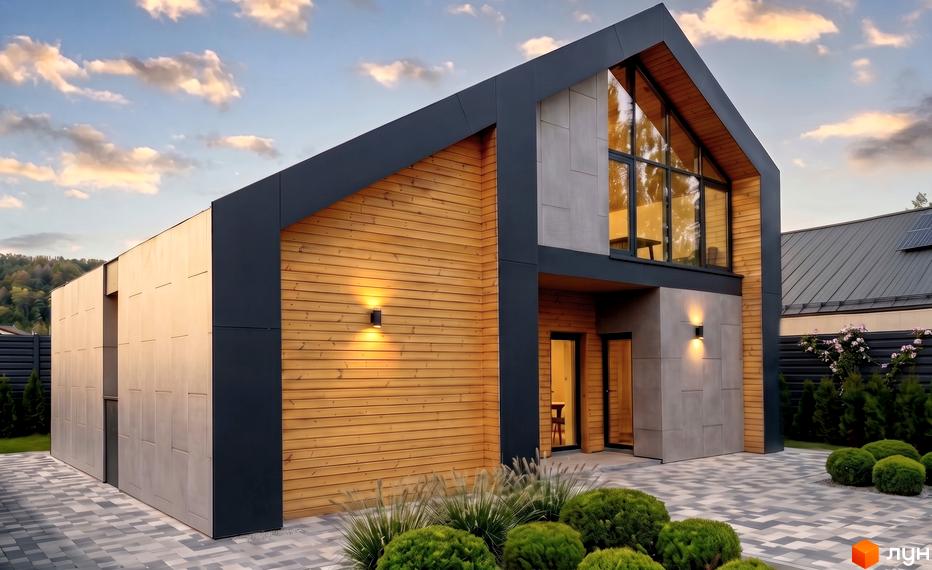 Котеджне містечко КМ Piemont eco village: сучасний будинок з дерев'яним та сірим оздобленням, великими вікнами та доглянутою прибудинковою територією.