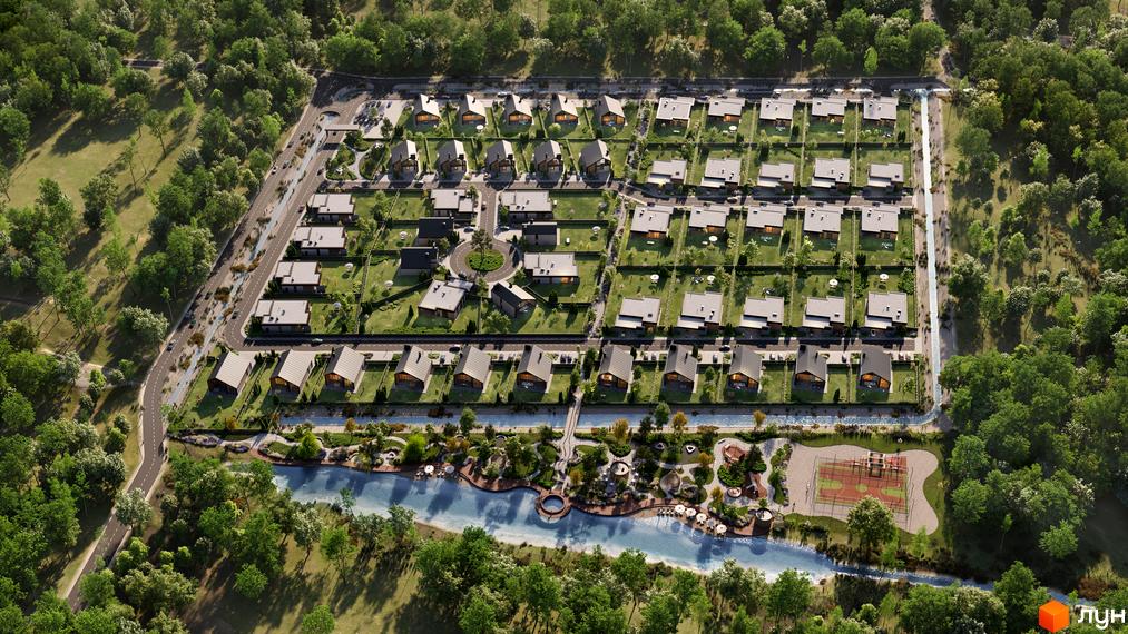 Котеджне містечко КМ Piemont eco village з сучасними будинками та доглянутою прибудинковою територією біля річки.