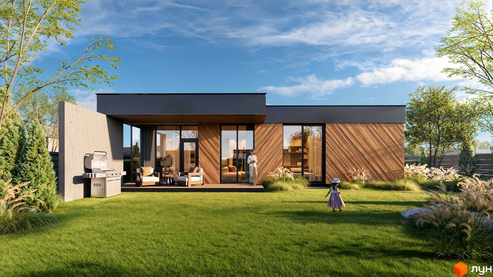 Котеджне містечко КМ Piemont eco village: одноповерховий будинок з дерев'яним фасадом та великими вікнами, поруч доглянута галявина та зелені насадження.