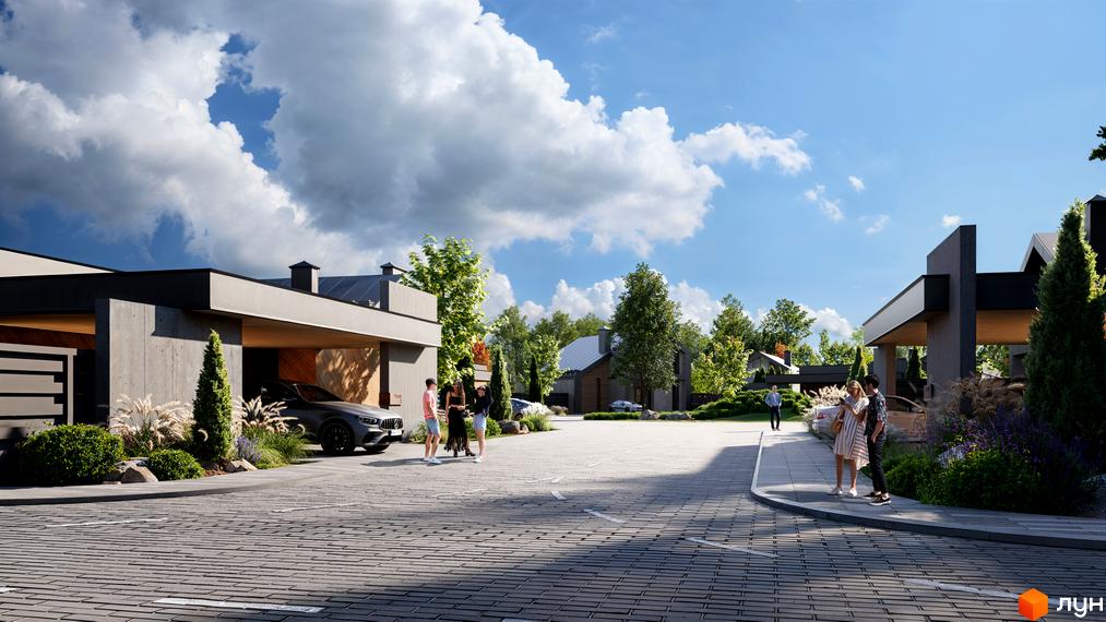 Котеджне містечко КМ Piemont eco village з сучасними будинками та доглянутою прибудинковою територією. На зображенні видно будинки, зелені насадження та людей.