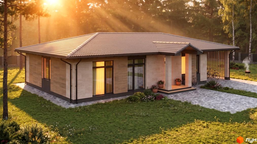 Котеджне містечко KM Lubo Village: одноповерховий будинок з бежевим фасадом та коричневою черепицею, розташований на зеленій ділянці з доріжками та рослинами.