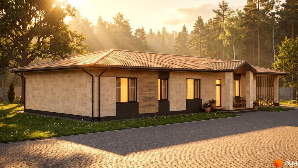 Котеджне містечко Bucha Village: одноповерховий будинок зі світлим фасадом, коричневою черепичною покрівлею, оточений газоном та лісом.