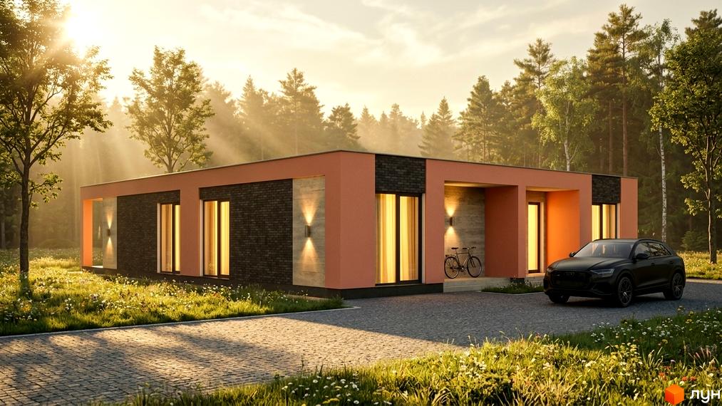 Котеджне містечко Bucha Village: одноповерховий будинок з теракотовими стінами та темною цеглою, великими вікнами. Навколо зелена галявина, бруківка та ліс на фоні.