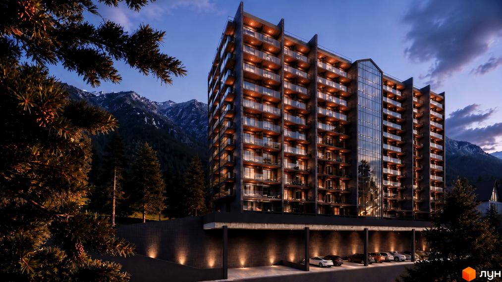 Багатоповерховий будинок AMA APARTMENTS з балконами та підземним паркінгом на тлі гір та хвойних дерев.