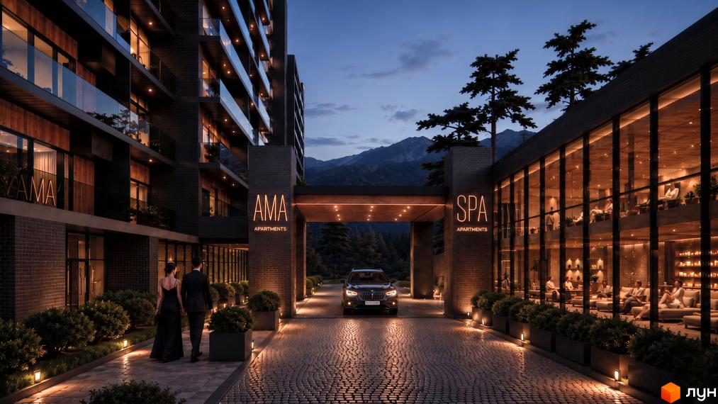 Фасади житлового комплексу AMA APARTMENTS та SPA APARTMENTS з темної цегли, освітлені вивіски, бруківка та гори на задньому плані.