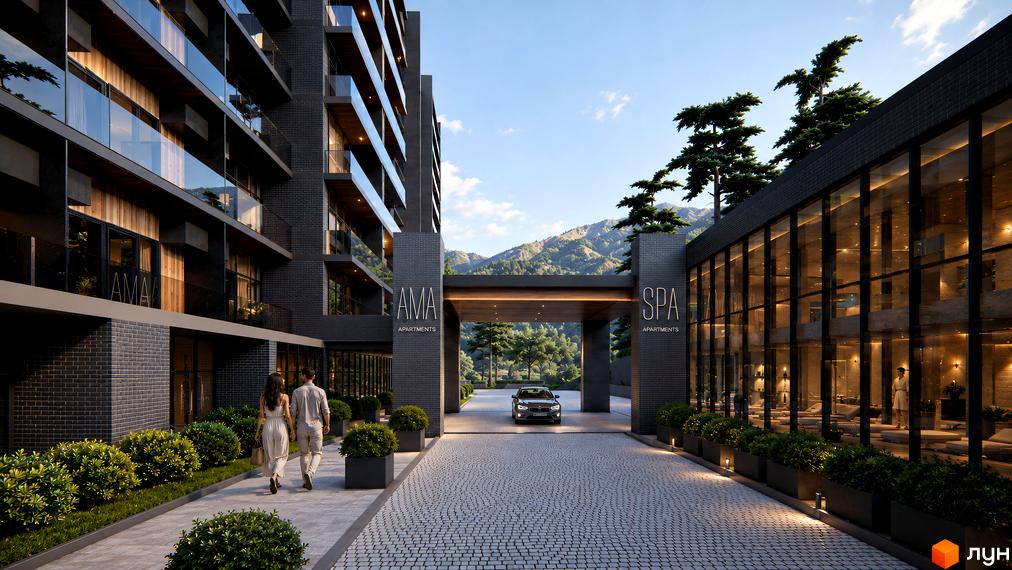AMA APARTMENTS з темним цегляним фасадом, скляними балконами та великими вікнами. Перед будівлею вимощена дорога, зелені насадження та гірський пейзаж.