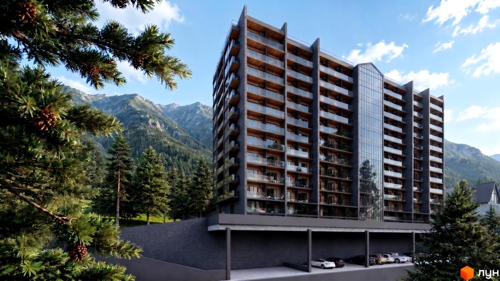 Багатоповерховий будинок AMA APARTMENTS з темним фасадом, скляними балконами та дерев'яними елементами. Розташований серед соснового лісу на тлі гір, з паркінгом біля основи.