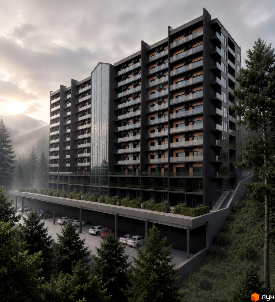 Житловий комплекс AMA APARTMENTS: багатоповерхова будівля з темним фасадом та скляними балконами, оточена хвойним лісом та горами, з підземним паркінгом.