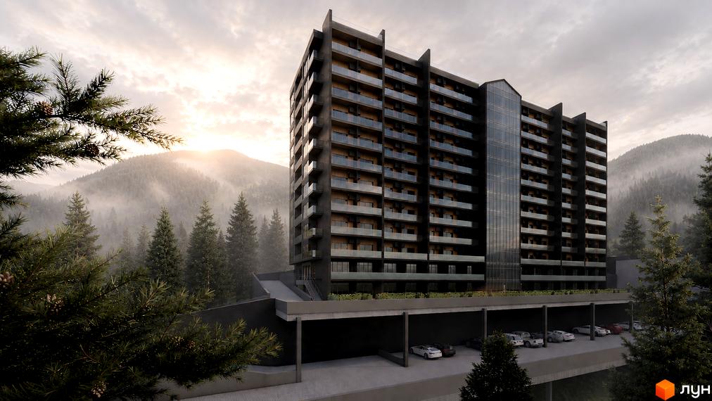 Багатоповерховий житловий будинок AMA APARTMENTS з темним фасадом та скляними балконами, розташований серед гір та хвойних лісів з підземним паркінгом.