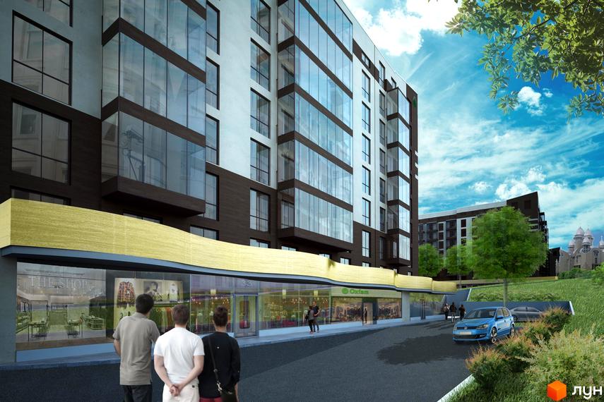 Зовнішній вигляд новобудови ЖК Зелений двір у Трускавці з магазинами на першому поверсі та прибудинковою територією з деревами та автомобілями. Опис фасаду та навколишнього ландшафту.