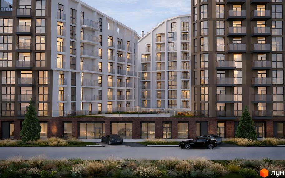 Pokrovsky Apart Complex: будинки світлого та темно-коричневого кольору з балконами. На першому поверсі комерційні приміщення, перед якими доріжка та зелень.