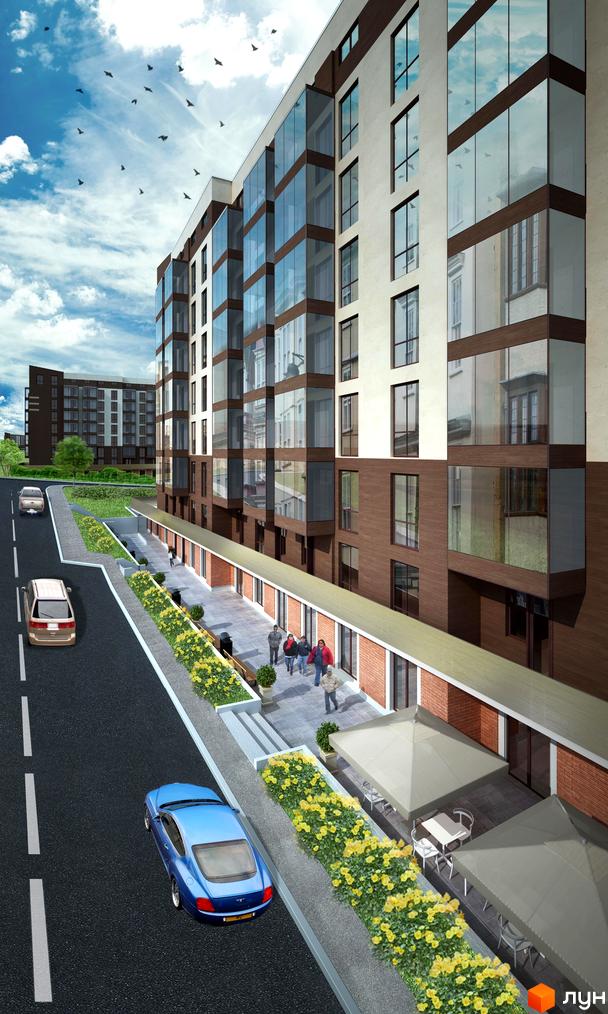 Житловий комплекс Зелений двір у Трускавці. Фасад будівлі з панорамними вікнами та коричневими елементами, прибудинкова територія з доріжками, квітами та зонами відпочинку.