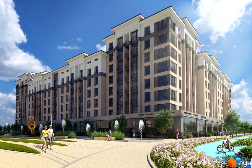 Житловий комплекс Барселона: фасади будівель з панорамними вікнами та балконами, прибудинкова територія з фонтанами, зеленими зонами та місцями для відпочинку.