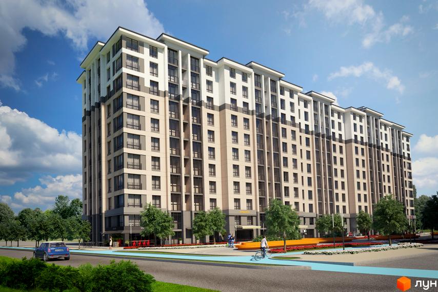 Новобудова ЖК Барселона – це багатоповерховий будинок з світлим фасадом та великою кількістю вікон. Прибудинкова територія облаштована зеленими насадженнями та місцями для відпочинку.