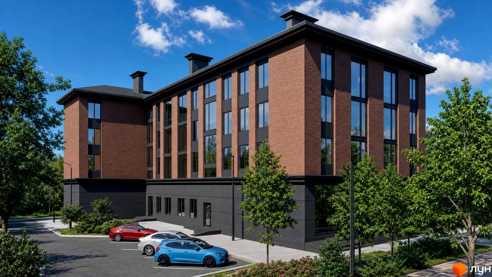 Житловий комплекс Comfort Hall з цегляним фасадом та великими вікнами, парковка та зелені насадження навколо.