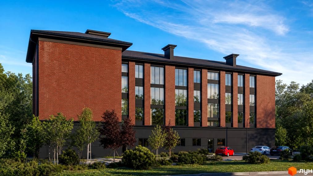 Житловий комплекс Comfort Hall: цегляна новобудова з великими вікнами та зеленою прибудинковою територією, де є автомобілі.
