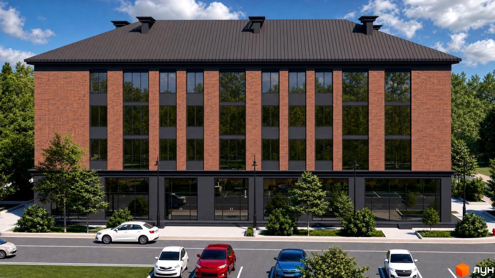 Новобудова Comfort Hall з цегляним фасадом та темним дахом, оточена деревами та з парковкою перед будинком.