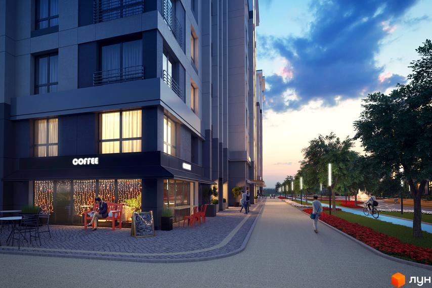 Зовнішній вигляд будинку ЖК Барселона з кав'ярнею на першому поверсі. Прибудинкова територія з алеєю, деревами та місцями для відпочинку.