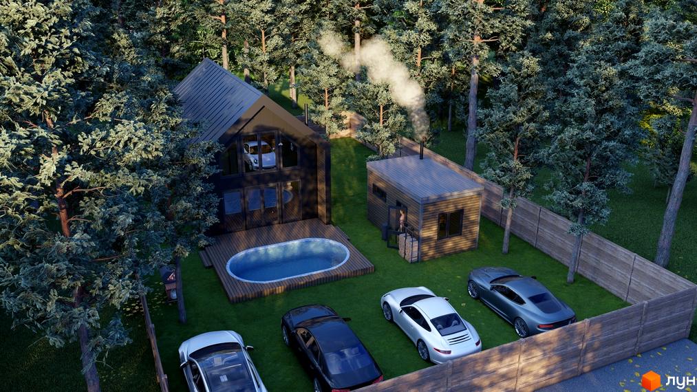 Котеджне містечко Drevo homes: будинок з темним фасадом, великими вікнами, басейном на терасі. На ділянці зелений газон, дерева та допоміжна будівля.