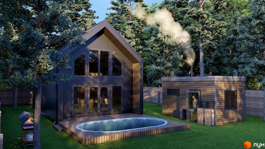Котеджне містечко Drevo homes: двоповерховий будинок з темним фасадом та великими вікнами, поруч басейн, сауна та зелений газон з деревами.