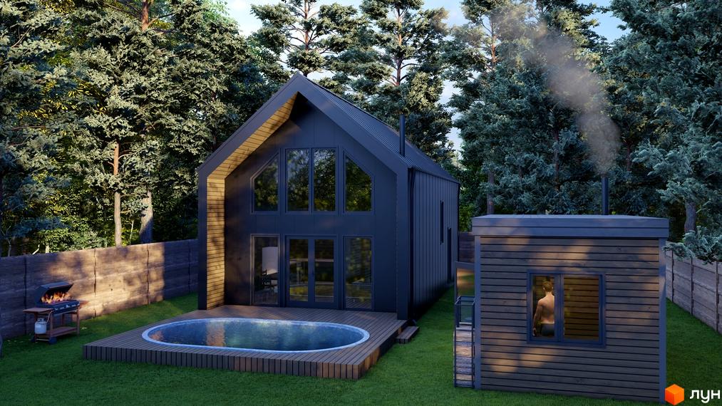 Котеджне містечко КМ Drevo homes з темним фасадом, басейном та зоною барбекю на тлі лісу. На прибудинковій території розташована сауна з димом з труби.