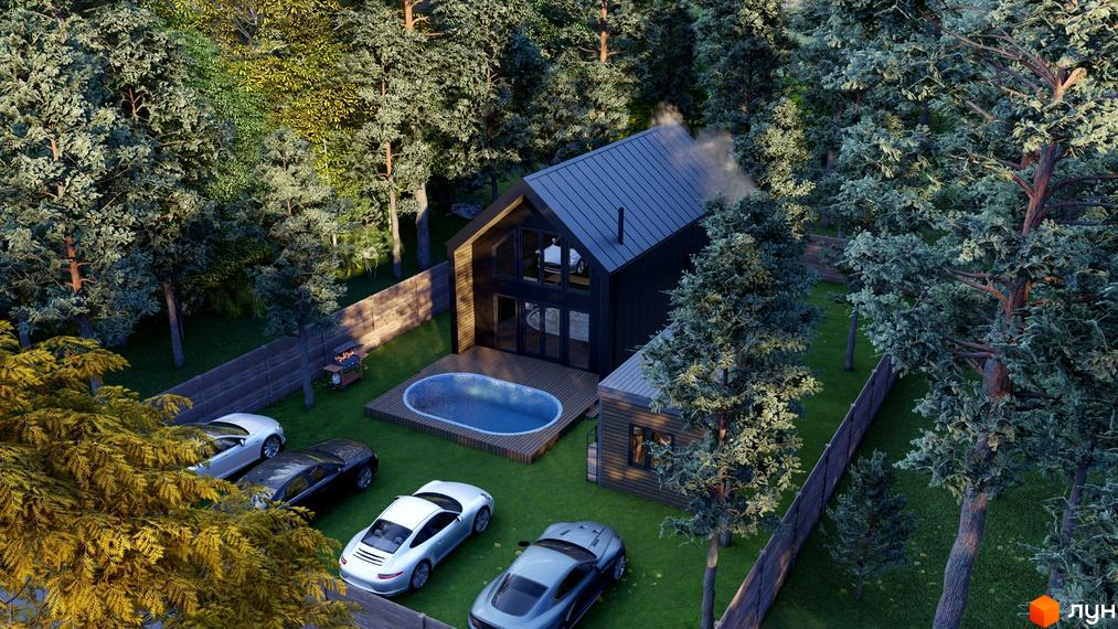 Котеджне містечко Drevo homes. Темний будинок з високим дахом та панорамними вікнами, оточений лісом з басейном та зоною відпочинку.