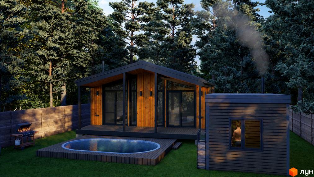 Котеджне містечко Drevo homes з дерев'яним фасадом, басейном та зоною для барбекю. Навколо будинку зелені дерева та паркан.