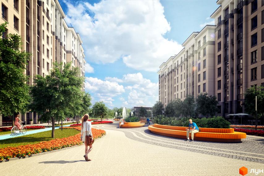 Житловий комплекс Барселона: фасади будинків з колонами та балконами, зелена зона з клумбами, лавками та пішохідною доріжкою.