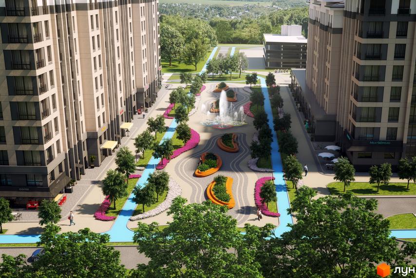 Комплекс Барселона: фасади будівель та облаштована прибудинкова територія з фонтаном та зонами відпочинку. Зелені насадження та квіткові клумби створюють затишну атмосферу.