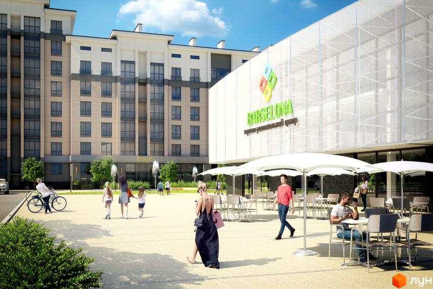 Житловий комплекс Барселона - сучасна архітектура та затишна прибудинкова територія з місцями для відпочинку. Фасад будівлі виконаний у світлих тонах з великими вікнами.