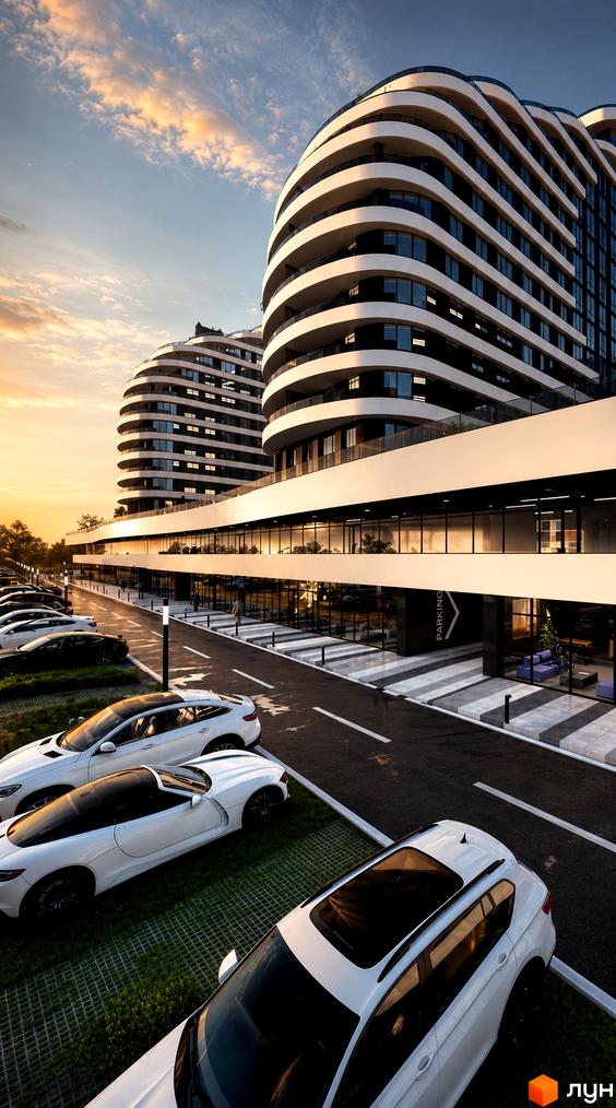 Житловий комплекс SvitLand Residences з вигнутими фасадами та балконами, паркінг та зелена зона з автомобілями.
