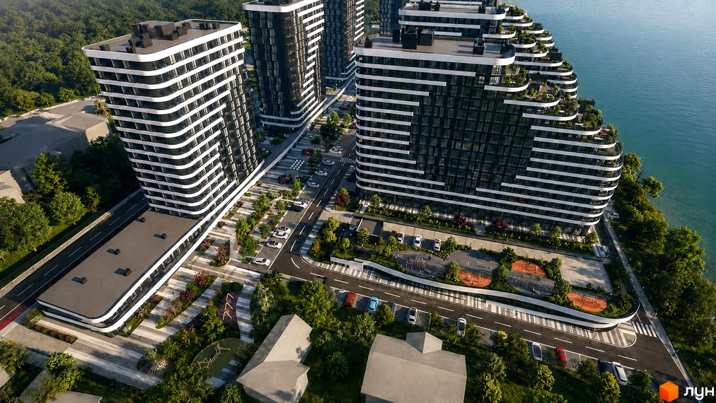 Новобудова SvitLand Residences з вигнутими фасадами та терасами, що виходять до моря, з дитячими майданчиками та парковкою.