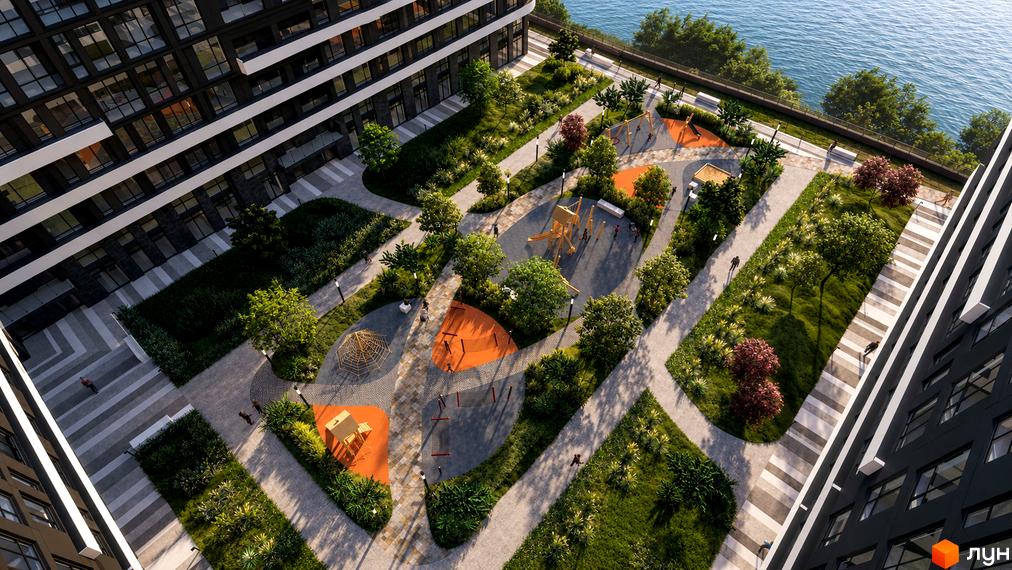 Житловий комплекс SvitLand Residences: чорні будівлі з білими елементами, зелені зони, дитячі майданчики та доріжки біля води.