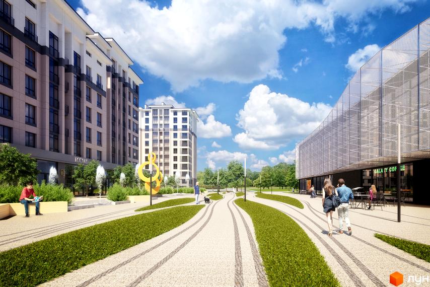 Новобудова ЖК Барселона з сучасною архітектурою та доглянутою прибудинковою територією з зеленими насадженнями та пішохідними доріжками.