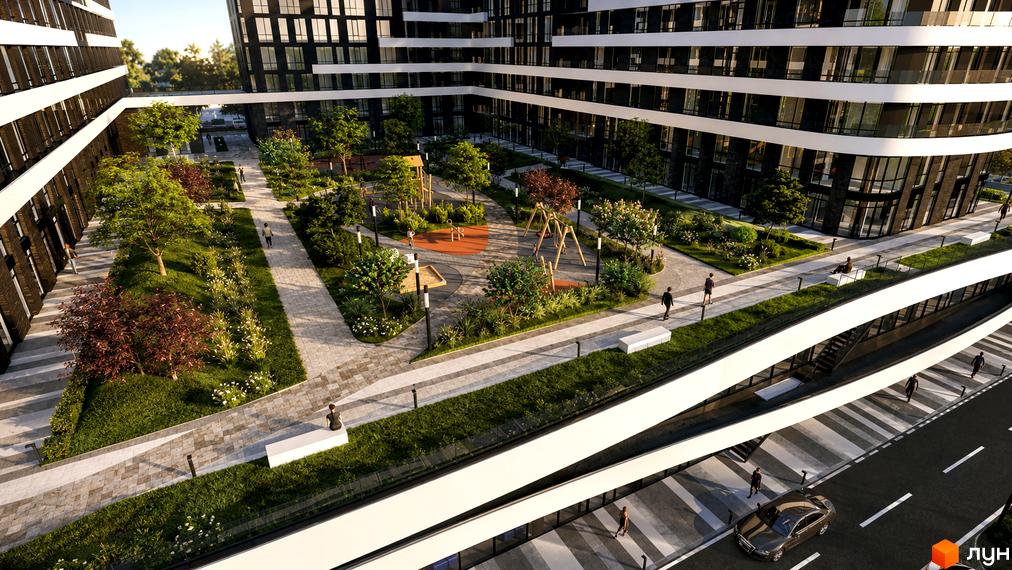 Житловий комплекс SvitLand Residences: багатоповерхові будинки темного кольору з білими елементами. Внутрішній двір з зеленими насадженнями та дитячим майданчиком.