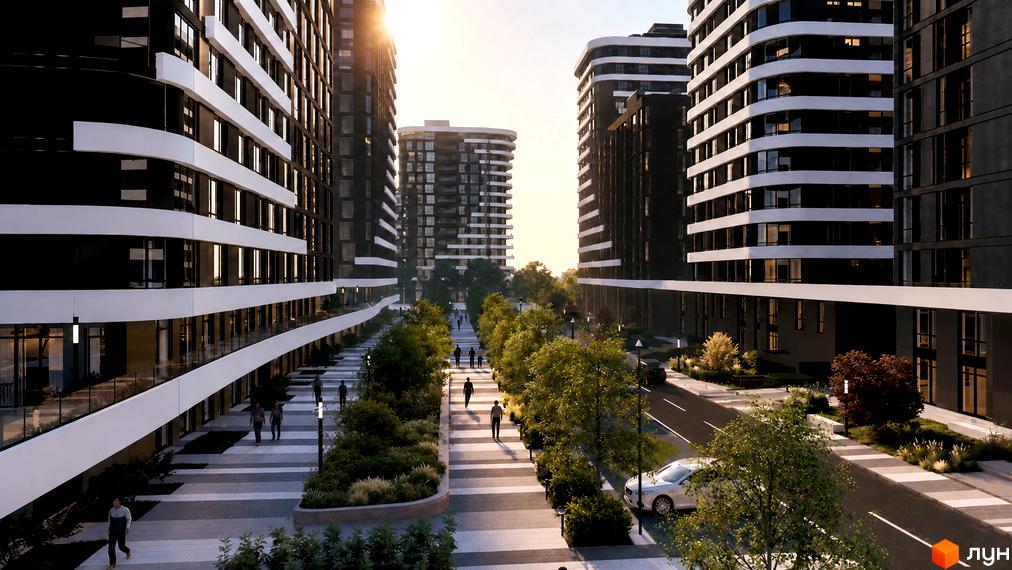 Зовнішній вигляд новобудови ЖК SvitLand Residences з елегантними фасадами та упорядкованою прибудинковою територією з алеями та зеленими насадженнями.
