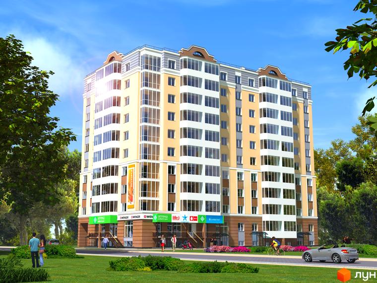 Зовнішній вигляд житлового комплексу Капітал: багатоповерхова будівля з жовтим та білим фасадом, великими вікнами. Прибудинкова територія з деревами, газоном та дорогою.