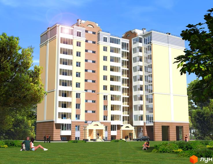 Житловий комплекс Капітал - багатоповерховий будинок світло-жовтого та бежевого кольору з великими вікнами. Навколо будинку зелена галявина, дерева та люди відпочивають.