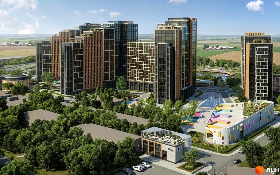 Житловий комплекс Олексіївська рів'єра: висотні будинки зі скляними та коричневими фасадами. Прибудинкова територія з озелененням, майданчиками, фонтанами та водоймою.