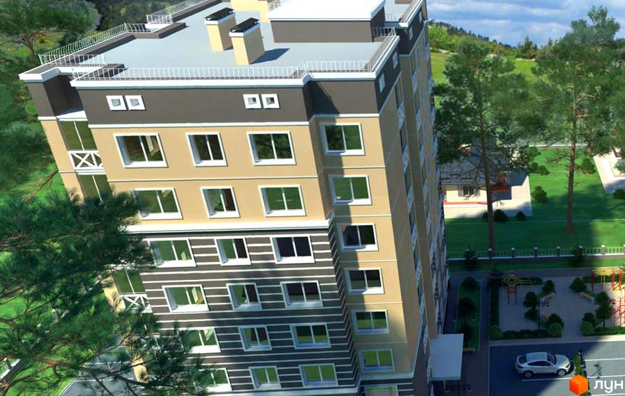 Зовнішній вигляд новобудови ЖК Прованс з вікнами та балконами. Прибудинкова територія з дитячим майданчиком та автомобілем.